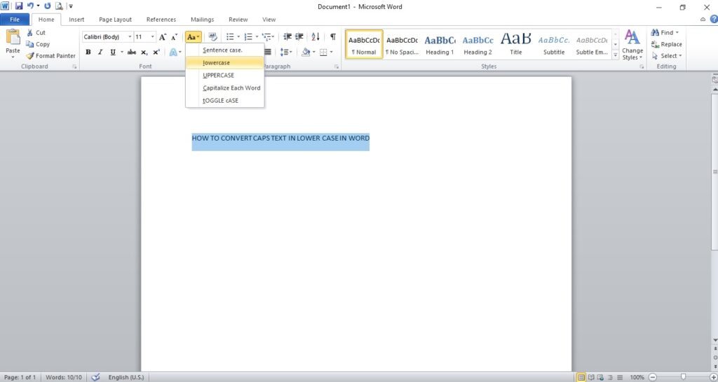 how to convert caps text in lower case in word